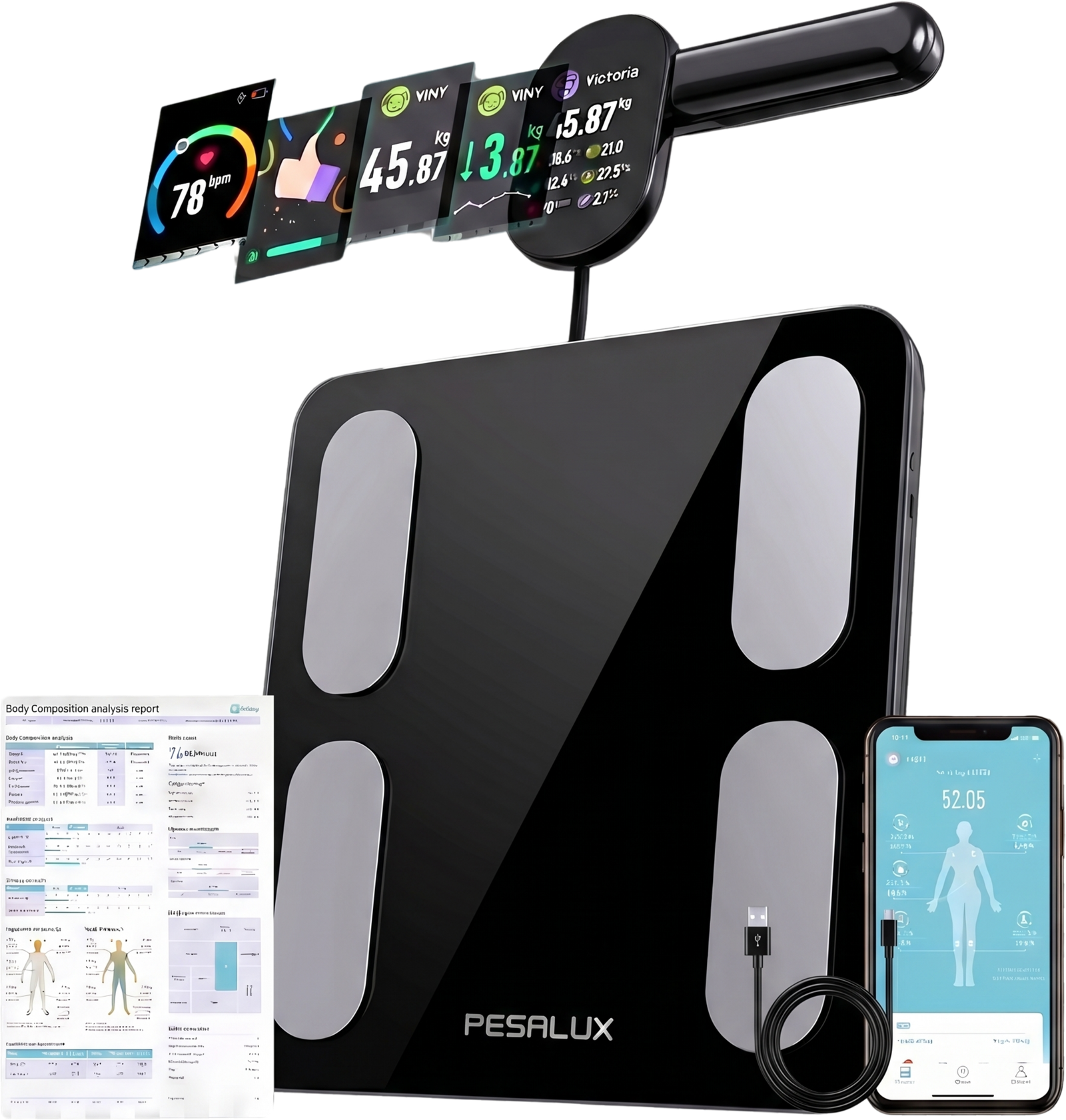 VITAL-IQ Cosy Black — display carousel, app, report and USB-C cable