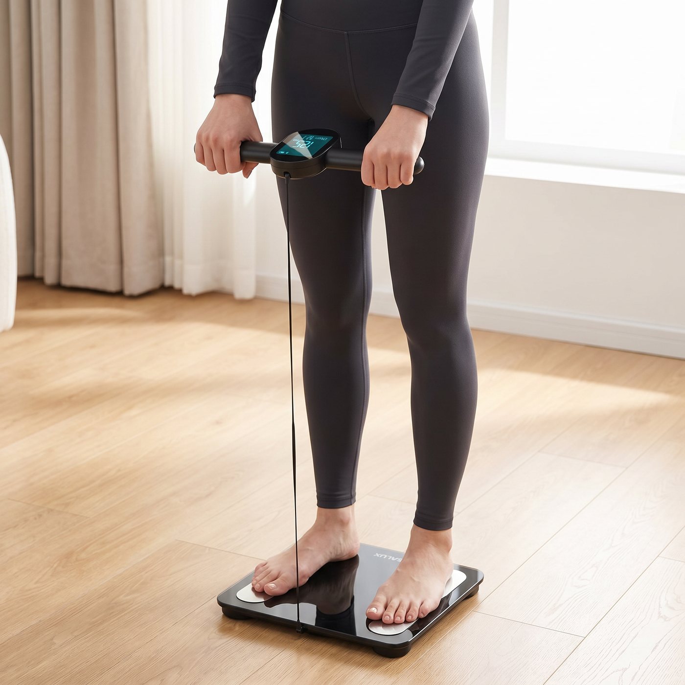Standing on the scale holding the handlebar — full-body scan