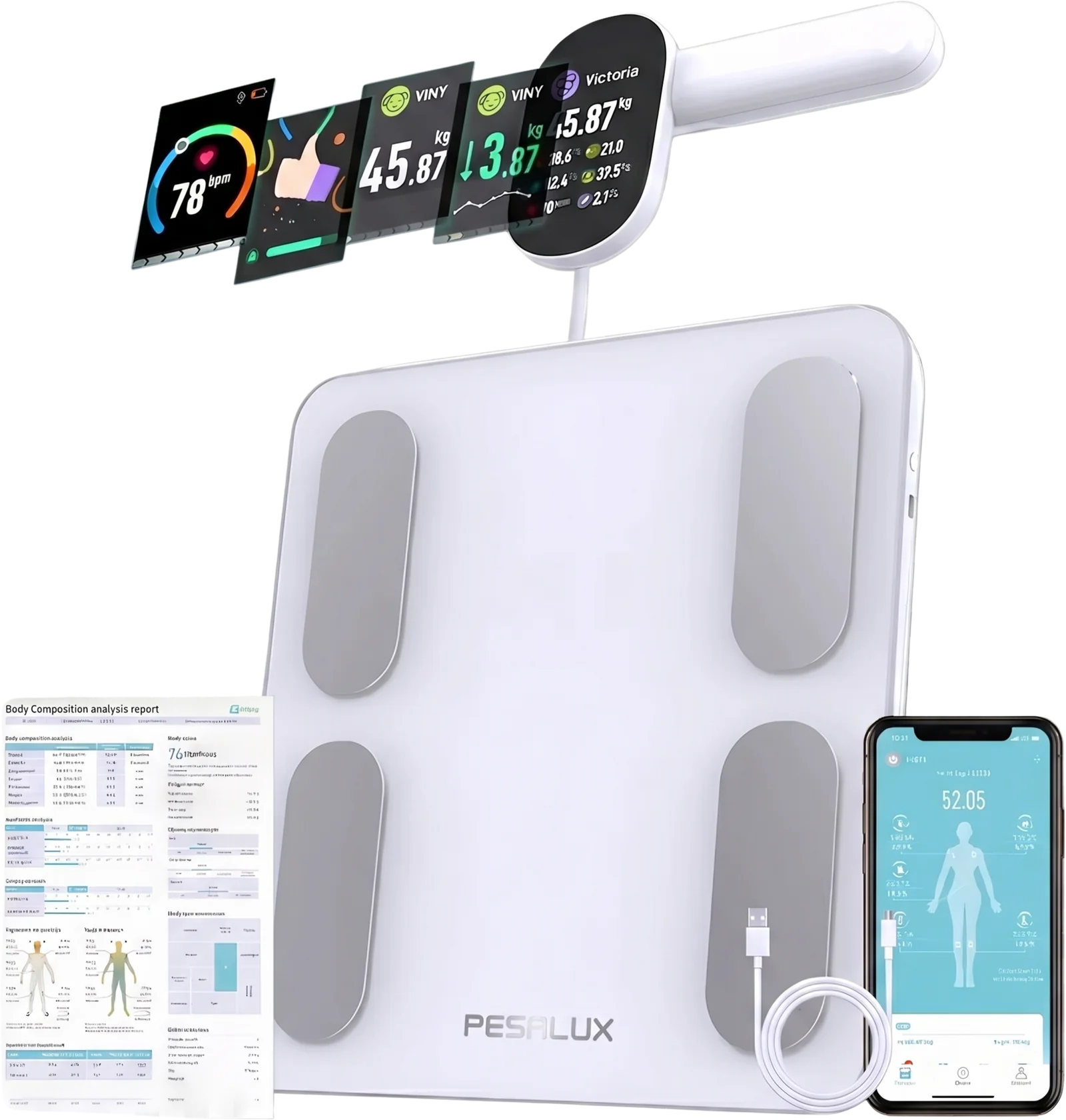 VITAL-IQ Arctic White — display carousel, app, report and USB-C cable